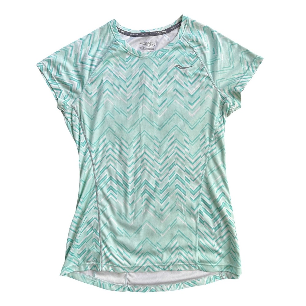 Saucony Running Shirt Wmn Medium Teal Chevron Performance Short Sleeve Excellent